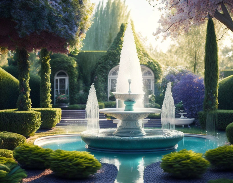 Tranquil garden scene with multi-tiered fountain and lush greenery