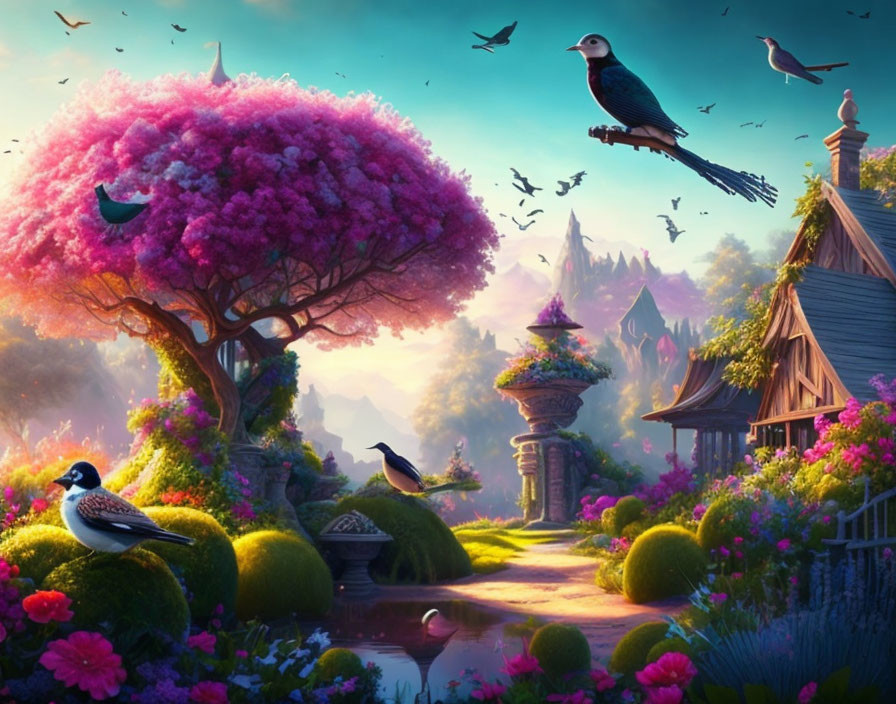 Whimsical garden with pink trees, birds, rustic house, stone pathway