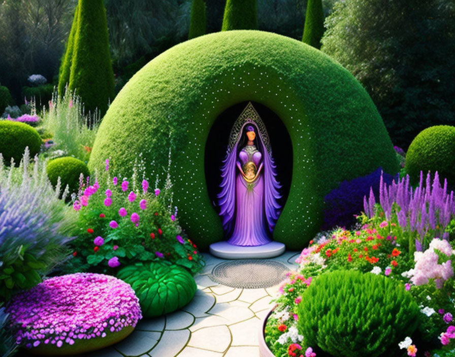 Colorful garden scene with oversized green topiary arch and mystical figure in purple robe