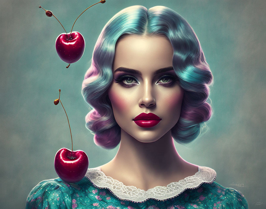 Digital artwork: Woman with pastel blue hair, red lips, cherries, teal lace dress