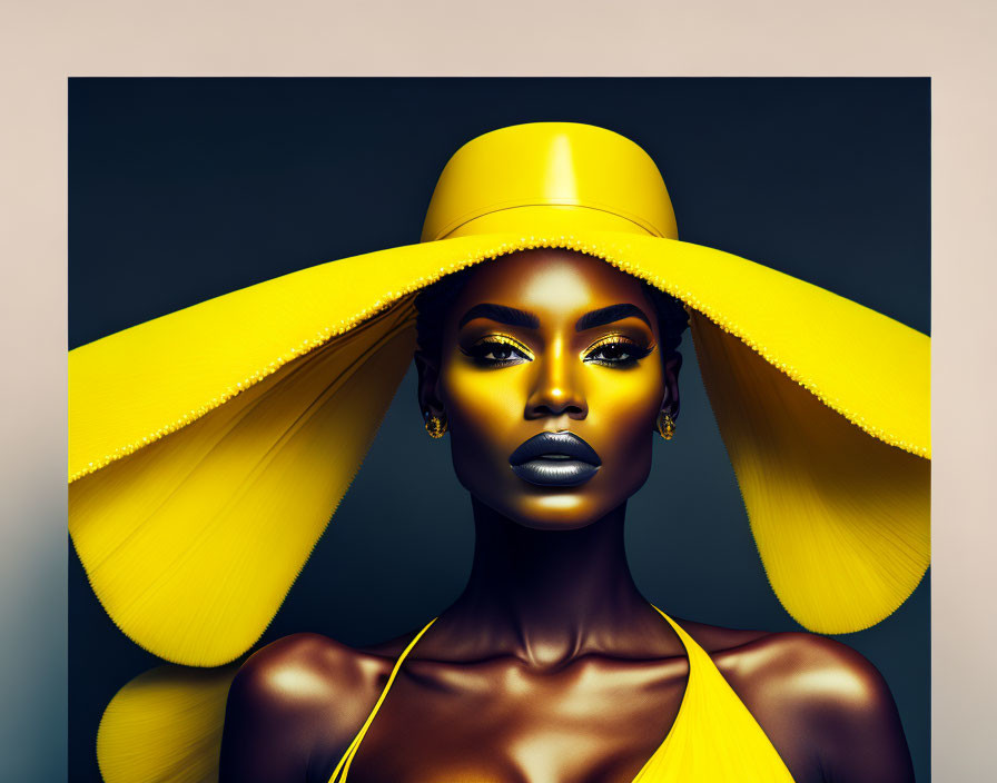 Dark-skinned woman in yellow hat and bold makeup on neutral background