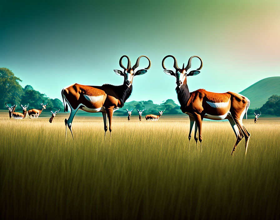 Impalas in savanna with males displaying horns