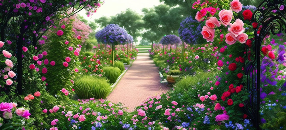 Lush pink roses and purple blooms in vibrant garden path