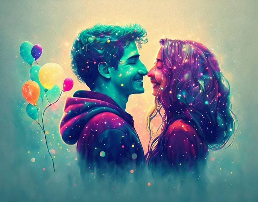 Colorful digital illustration of smiling couple with balloons in magical aura