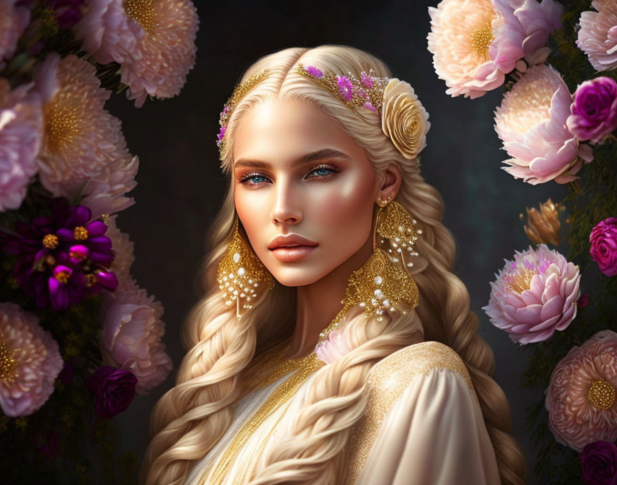 Blonde Woman with Braided Hair and Tiara Surrounded by Flowers