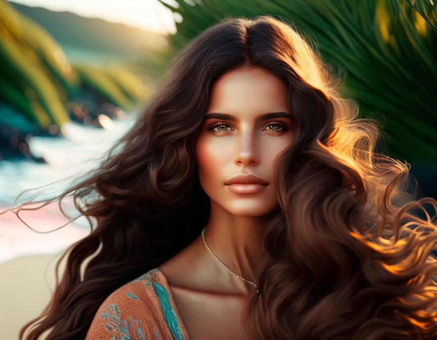 Woman with long, wavy brown hair and green eyes in contemplative pose amid tropical foliage and sunset