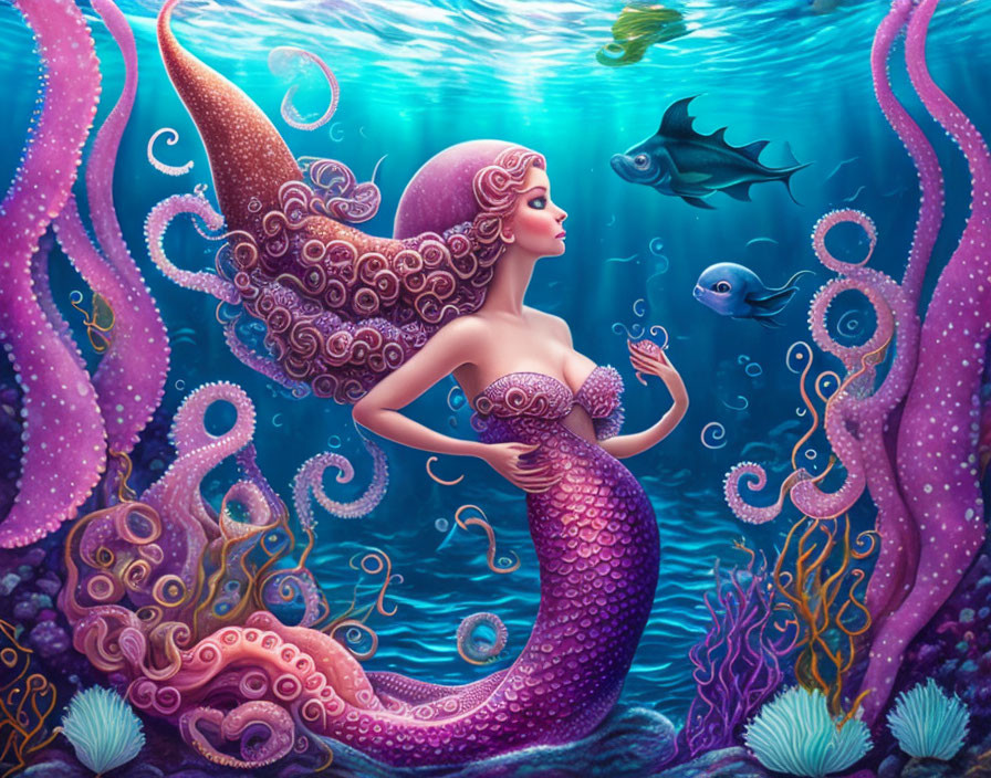 Colorful Mermaid Illustration with Fish and Underwater Flora