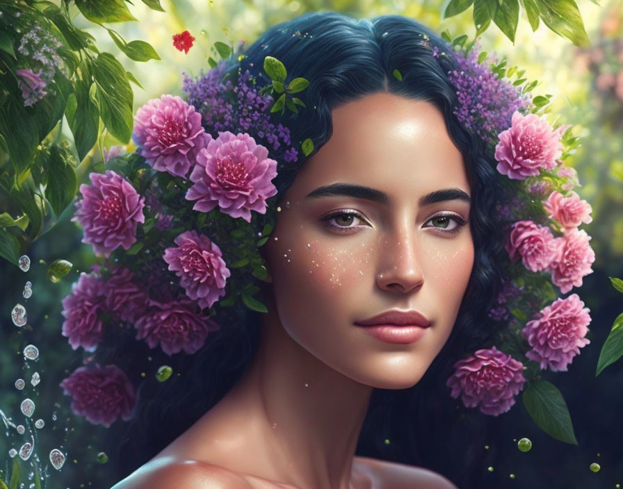 Portrait of woman with dark hair and peonies, foliage, glowing skin, freckles