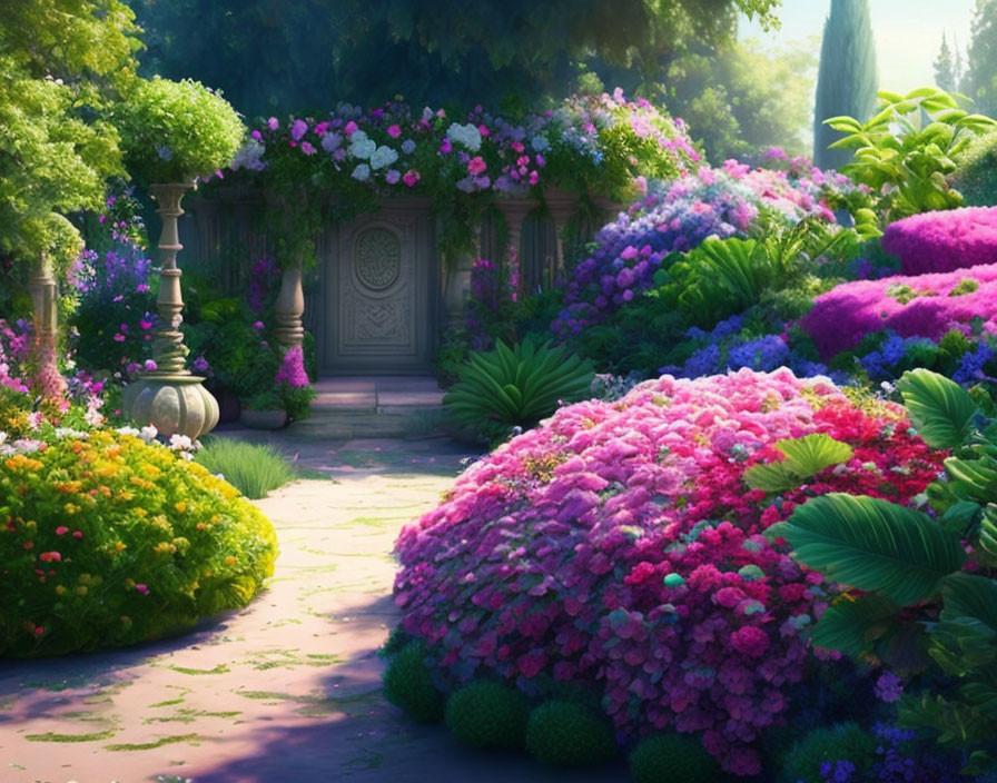 Tranquil garden pathway with vibrant flowers and ornate door