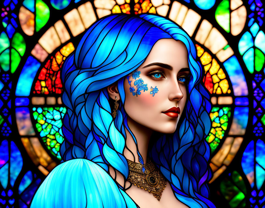 Vibrant blue hair and face markings against stained glass backdrop