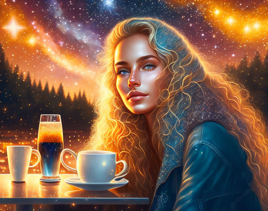 Blonde woman portrait with night sky background and table setting