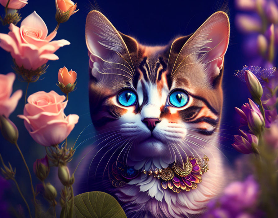 Digital Art: Cat with Blue Eyes, Golden Necklace, Pink Roses, Dark Blue Background