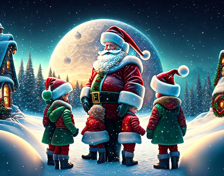 Santa Claus with three children under full moon in snowy landscape