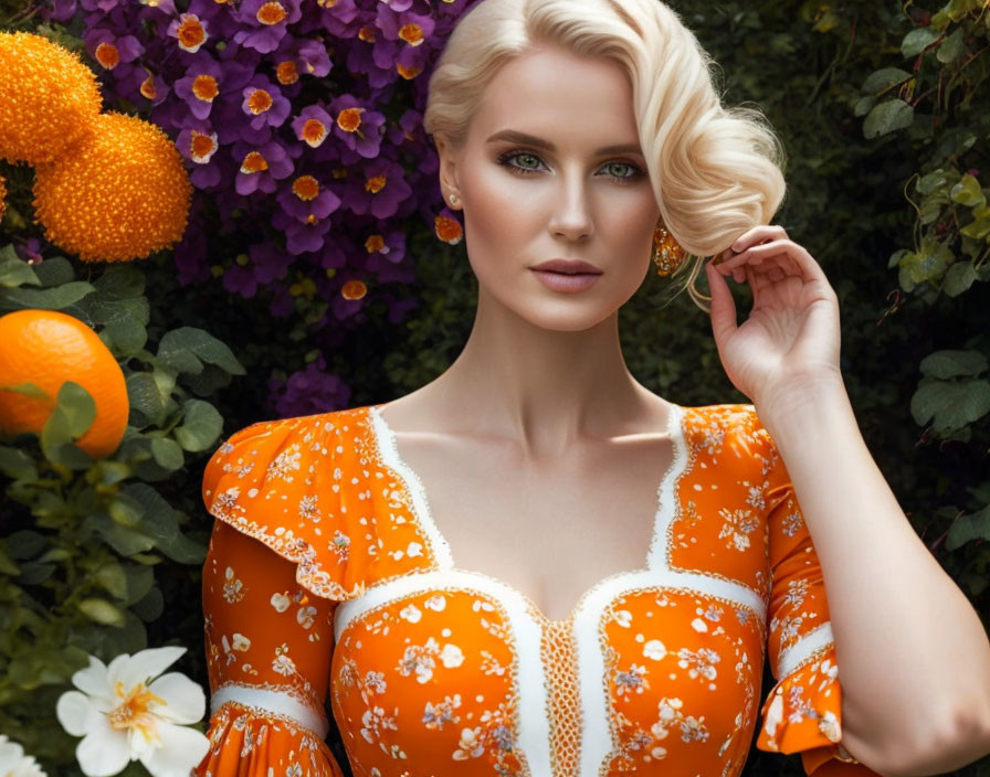 Blonde Woman in Orange Dress Surrounded by Vibrant Flowers