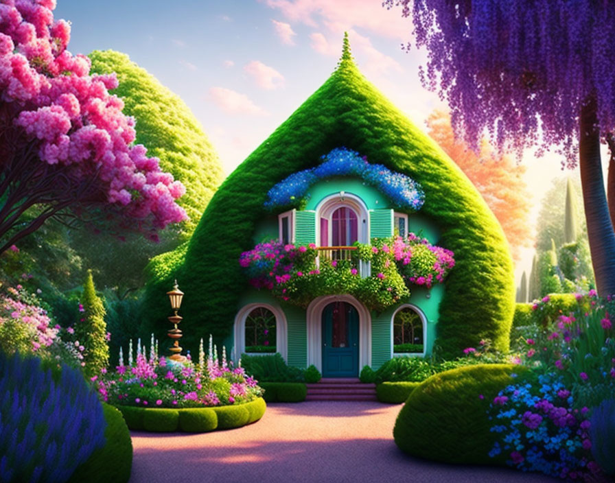 Colorful Flower-Adorned Cottage in Magical Garden