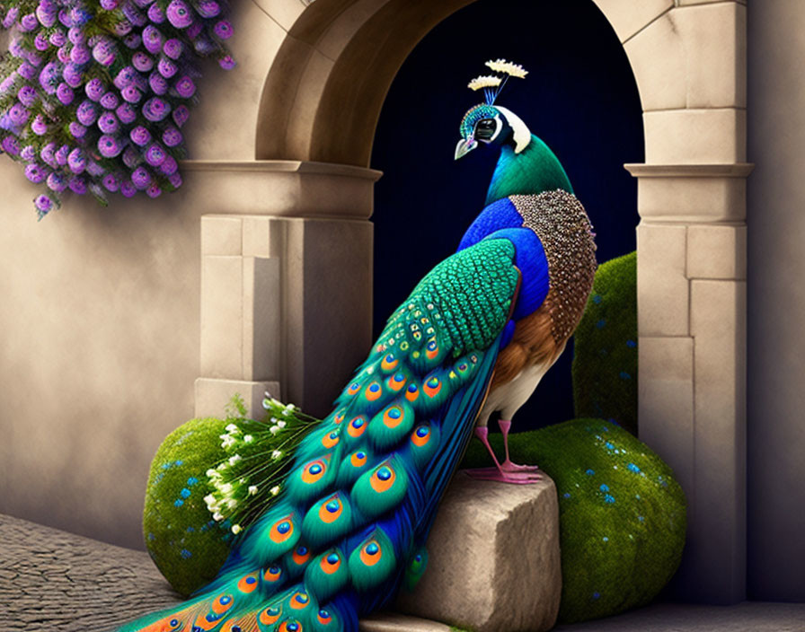 Colorful Peacock on Stone Platform in Archway with Purple Flowers