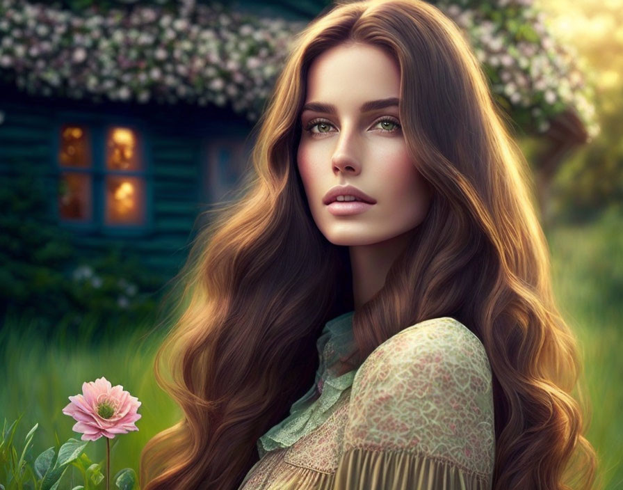 Digital illustration: Woman with long wavy hair and green eyes in floral countryside near cottage