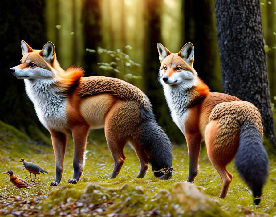 Red Foxes and Bird in Sunlit Forest