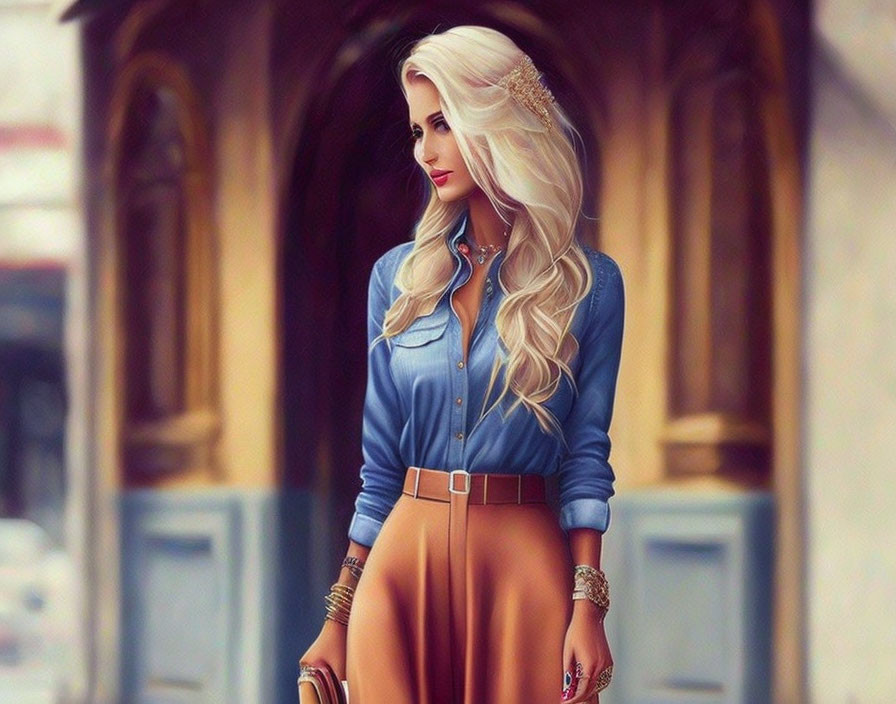 Blonde woman in blue shirt and tan skirt against elegant backdrop