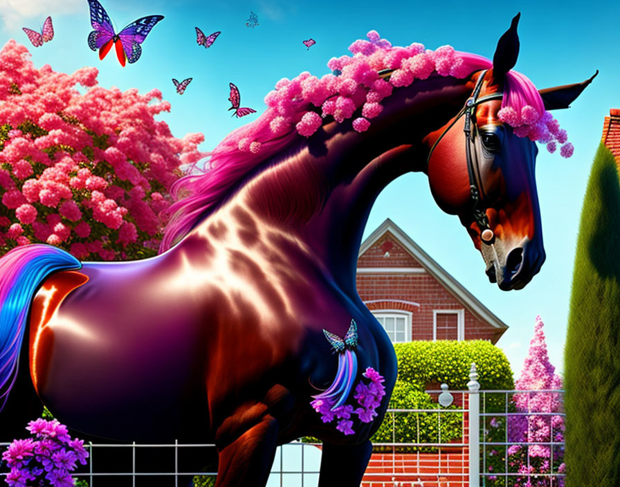 Colorful illustration of majestic horse in garden setting