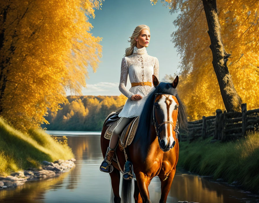 Elegant woman on horse by calm river with autumn trees