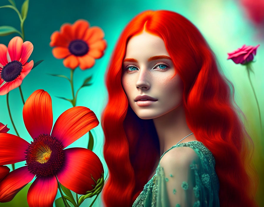 Colorful digital artwork: Woman with red hair and blue eyes among flowers