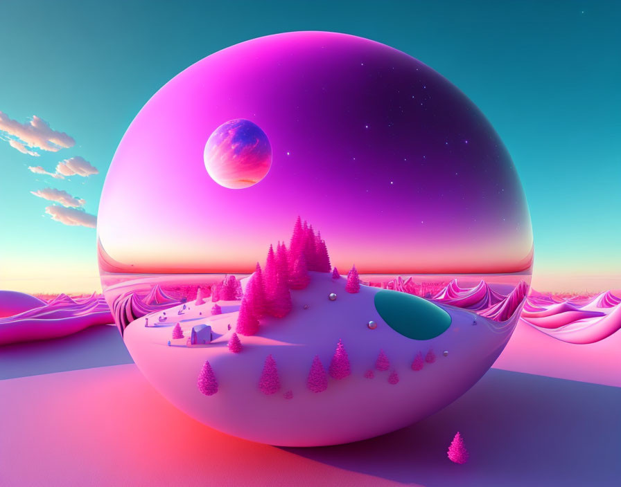 Colorful surreal landscape with purple sphere, pink trees, pond, house, and distant planet