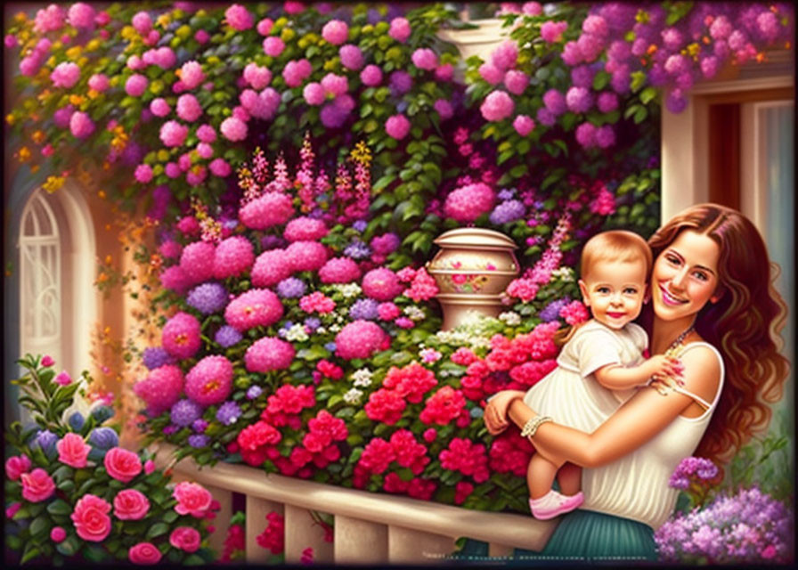 Smiling woman holding baby in vibrant garden with pink and red flowers