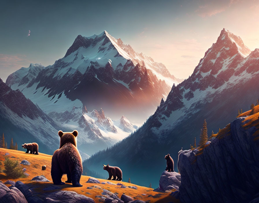 Family of bears in serene landscape with snow-capped mountains and sunset