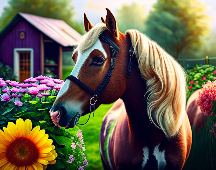 Chestnut and White Horse with Bridle Near Purple Barn and Flowers