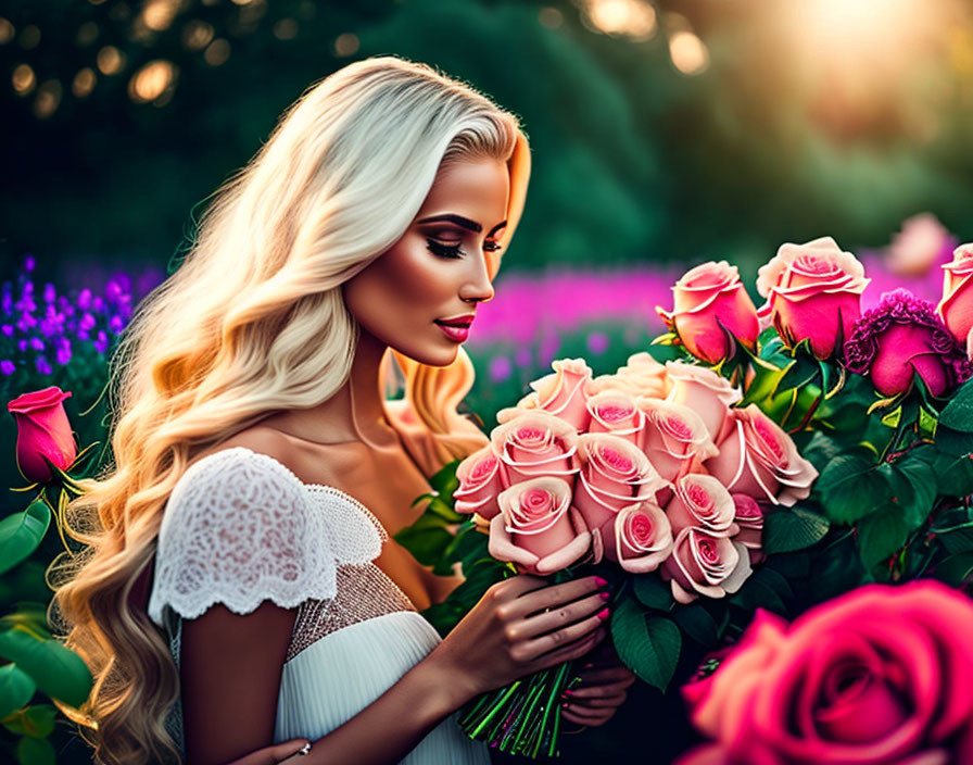 Blonde woman with pink roses in vibrant garden