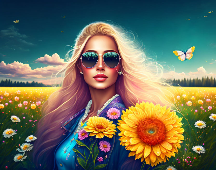 Woman with flowing hair and sunglasses holding sunflower in field scene