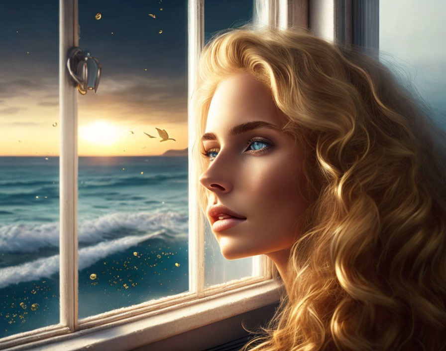 Blond woman looking at ocean sunset through window