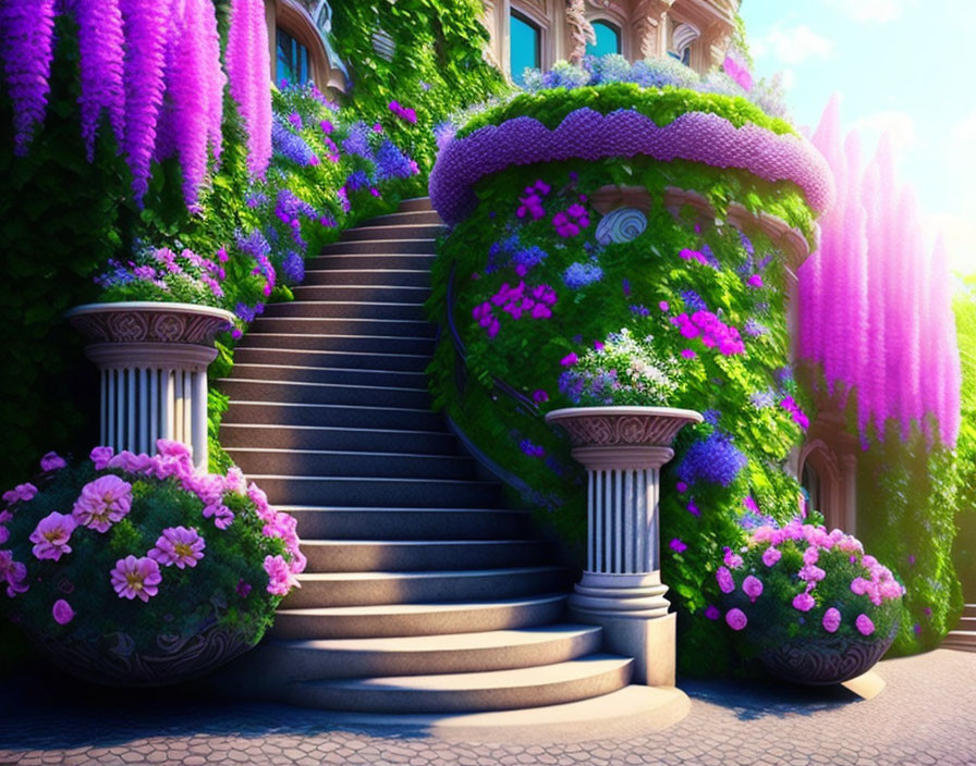 Vibrant purple and pink flower staircase with classical columns leading to plant-covered building