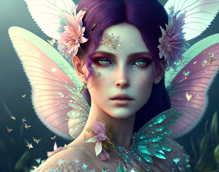 Fantasy portrait: Female figure with violet hair, butterfly wings, floral accents