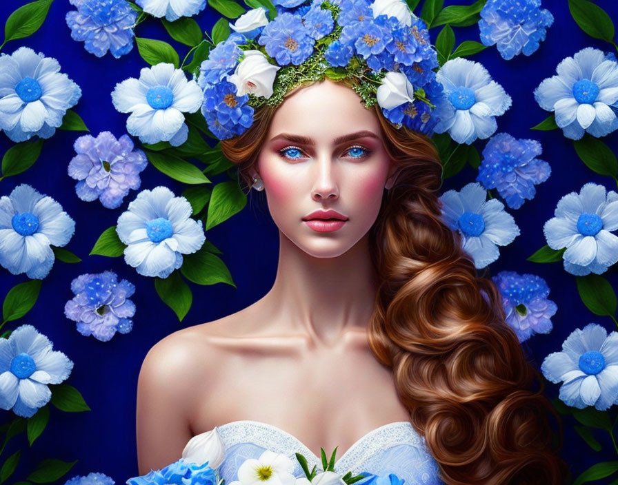 Woman with floral crown, long curly hair, blue eyes, surrounded by blue flowers