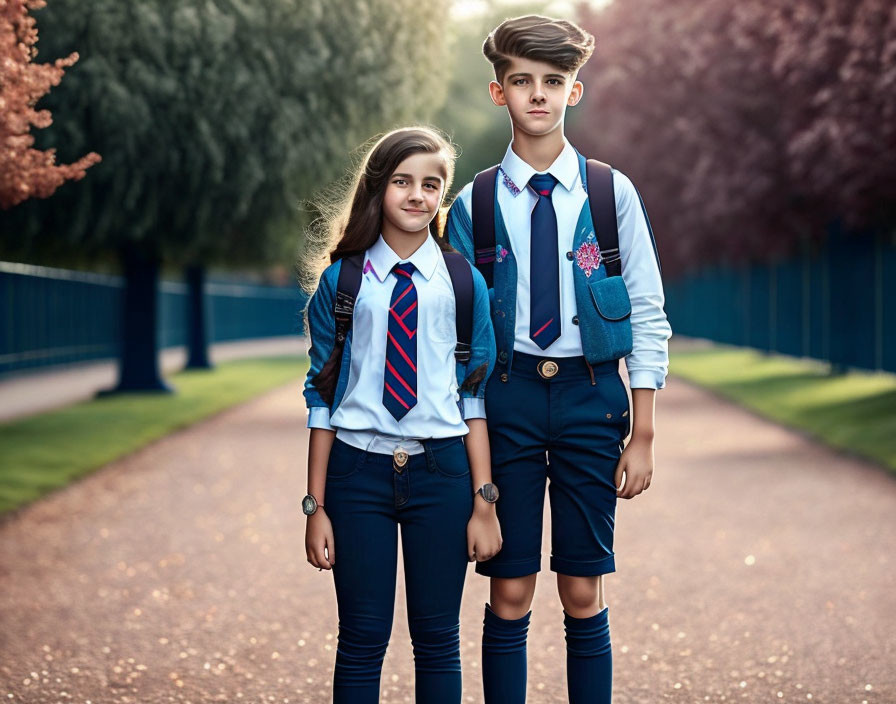 Students in uniforms walking through lush greenery on pathway