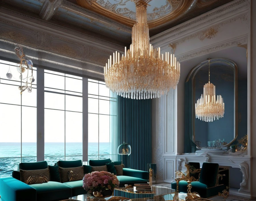 Luxurious Blue Velvet Sofas & Ocean View Interior Design