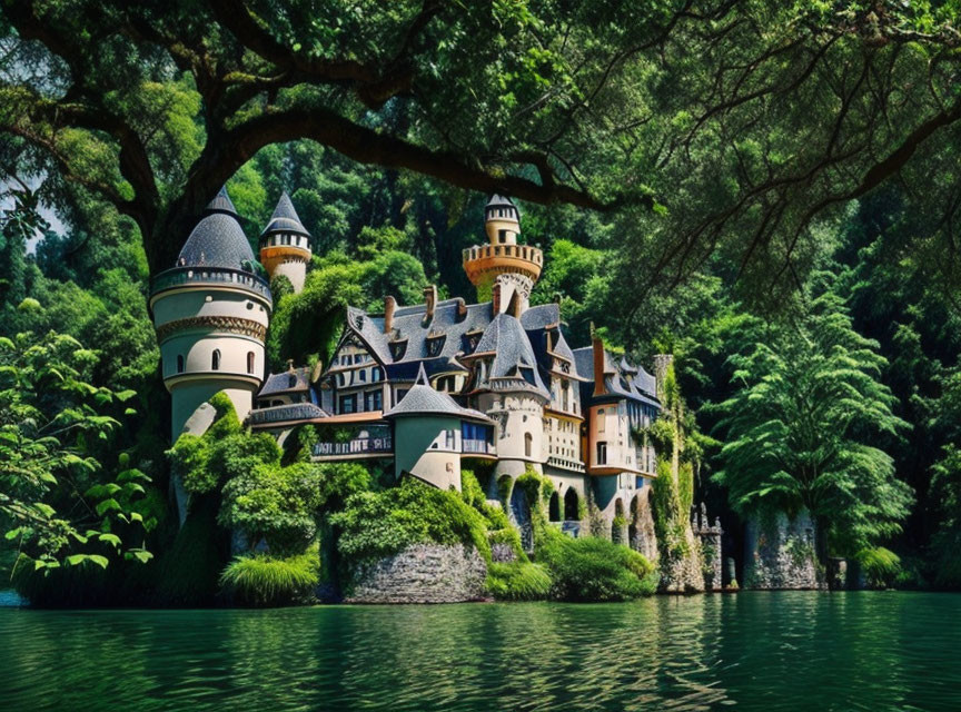 Castle with multiple turrets by tranquil lake in lush greenery