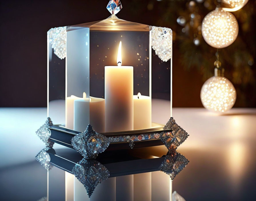 Crystal-Adorned Candle Lantern with Lit Candles on Reflective Surface