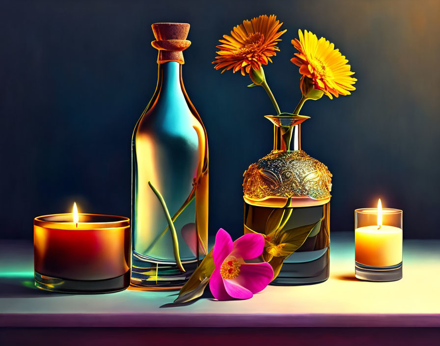 Still life with lit candle, clear bottle, orange and pink flowers on dark background