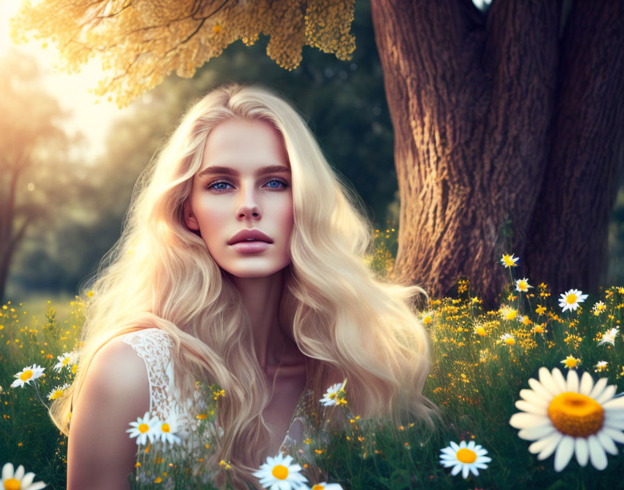 Blonde Woman Sitting in Sunlit Meadow with Daisies