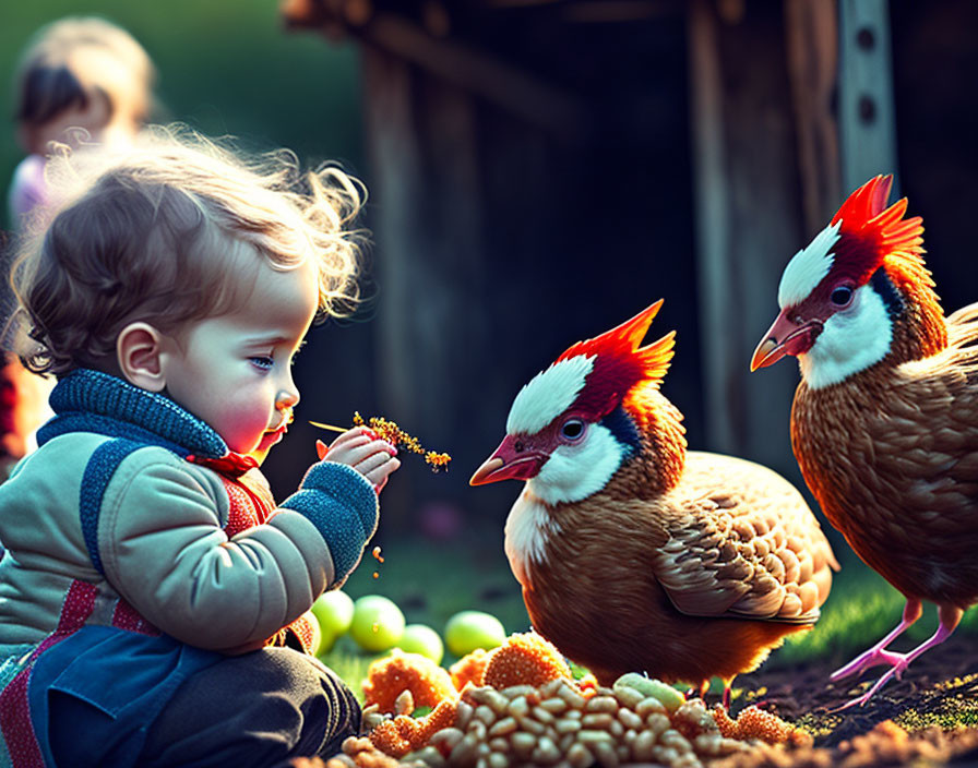 Child in warm outfit feeding chickens in vibrant, rustic scene