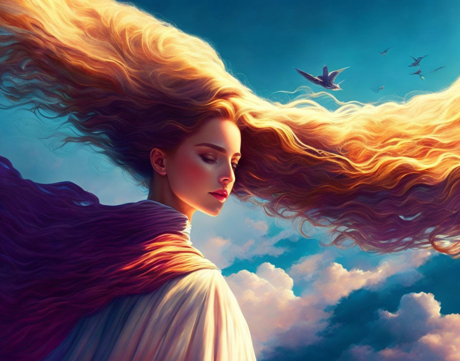 Serene woman with flowing hair under dramatic sky and birds