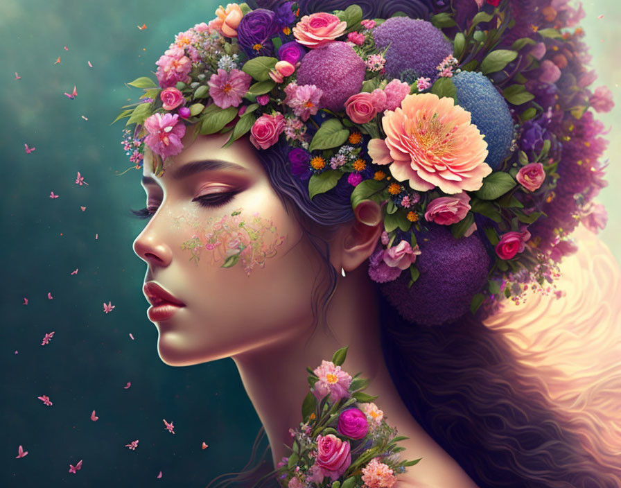 Serene woman with floral headdress in vibrant colors