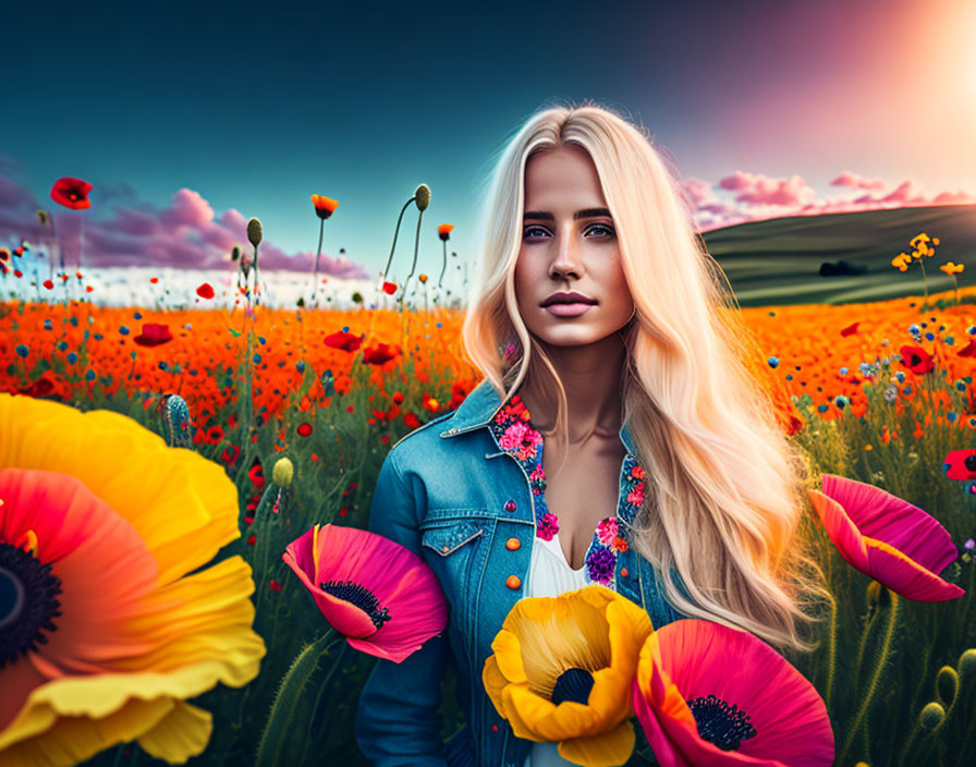 Blonde Woman in Vibrant Poppy Field at Sunset