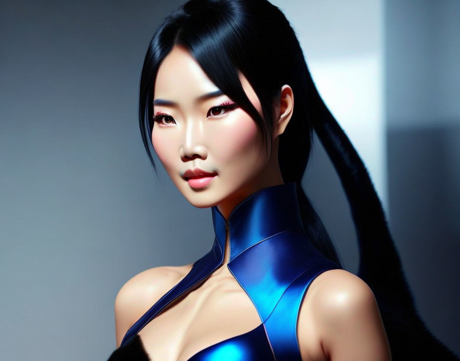 Asian woman in futuristic blue outfit on grey background