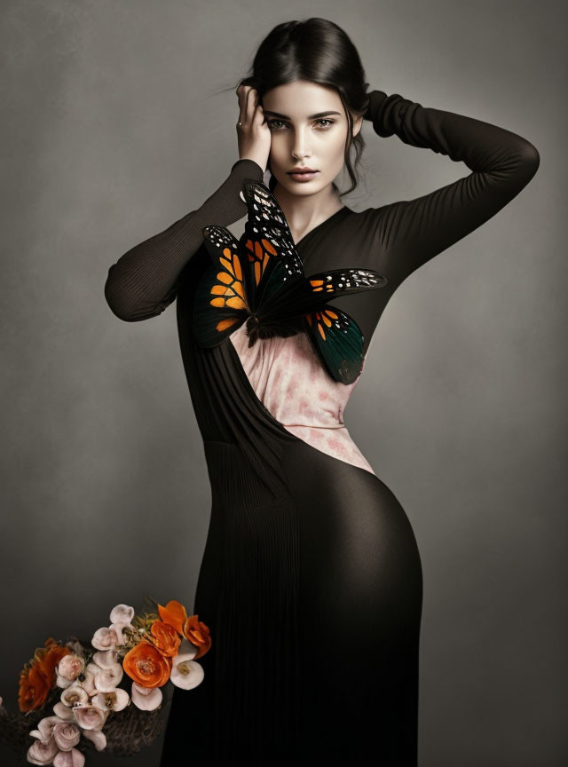 Woman in black dress with butterfly and flowers on grey backdrop