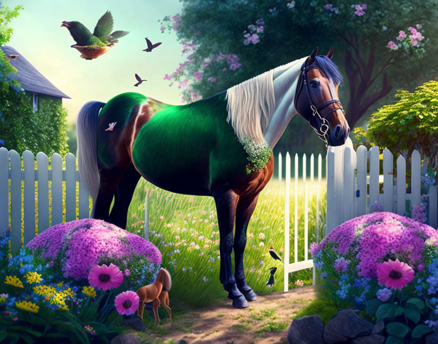 Horse in lush garden with flowers, picket fence, birds at twilight