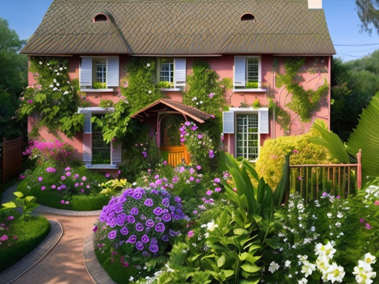 Pink House Surrounded by Greenery and Flowers